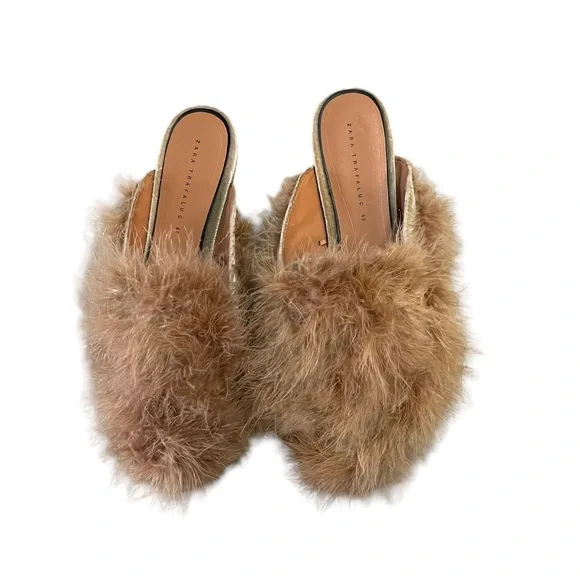 Zara Trafaluc Feathered Fuzzy Slip On Mules Size 40 - Picture 5 of 9
